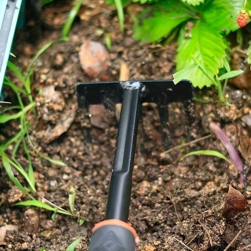A Set of Four Outdoor Gardening Tools Including a Small Shovel for Planting Flowers, a Five-Pronged Rake, a Double-Headed Rake